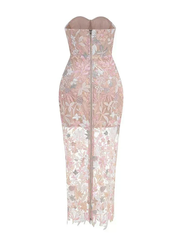 Vestido longo de luxo sem alças com bordados florais e lantejoulas para festa elegante