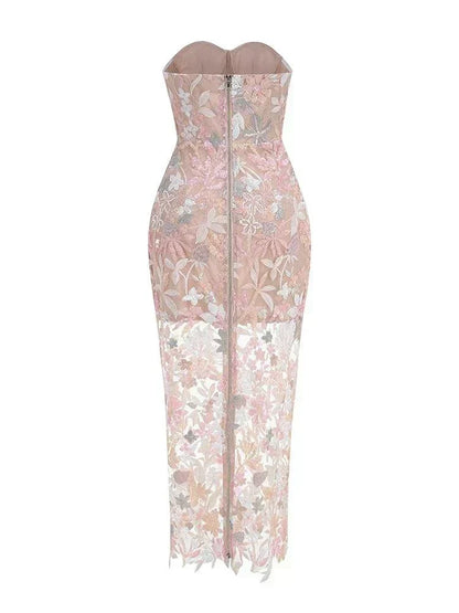 Vestido longo de luxo sem alças com bordados florais e lantejoulas para festa elegante