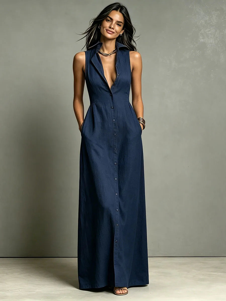 Vestido Longo Tipo Camisa Sem Manga com Decote V e Abotoamento Frontal
