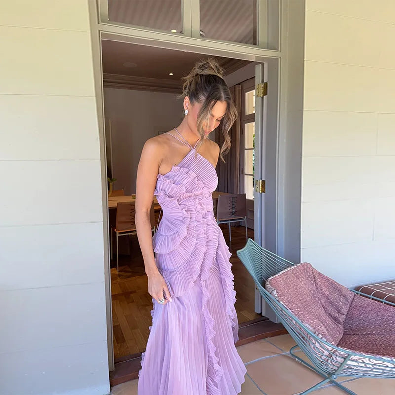 Vestido longo de férias roxo plissado alças halter elegante qualidade superior