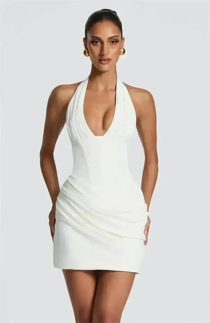 Vestido mini bodycon elegante sem mangas com decote profundo em V Halter e cintura franzida