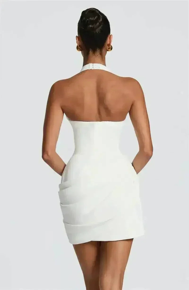 Vestido mini bodycon elegante Halter com decote profundo em V e cintura drapeada