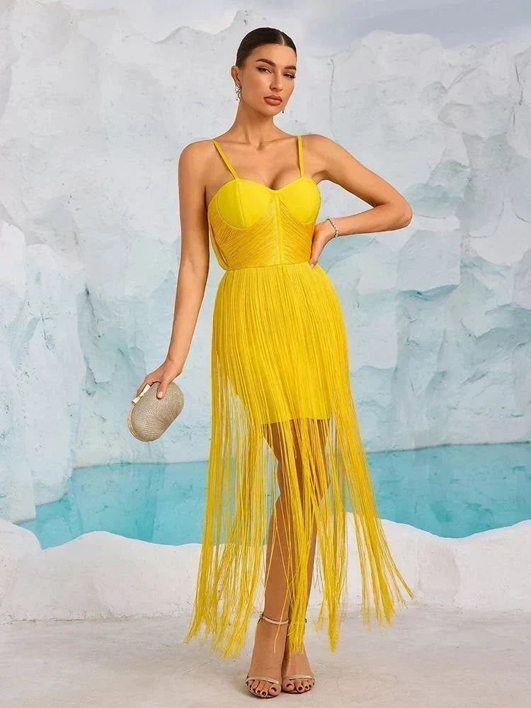 Vestido bandagem amarelo sem mangas com franjas para mulher elegante festa cocktail