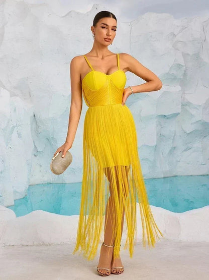 Vestido bandagem amarelo sem mangas com franjas para mulher elegante festa cocktail
