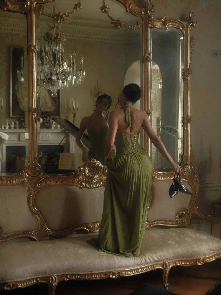 Vestido Longo Frente Única com Corset Vintage e Saia Plissada - Verde Niquice