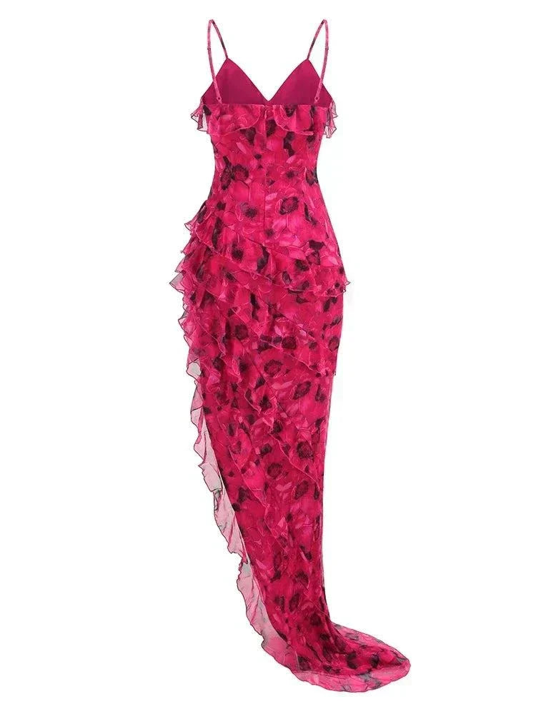 Vestido de praia comprido floral com alças finas, decote em V e folhos, ideal para festas e férias