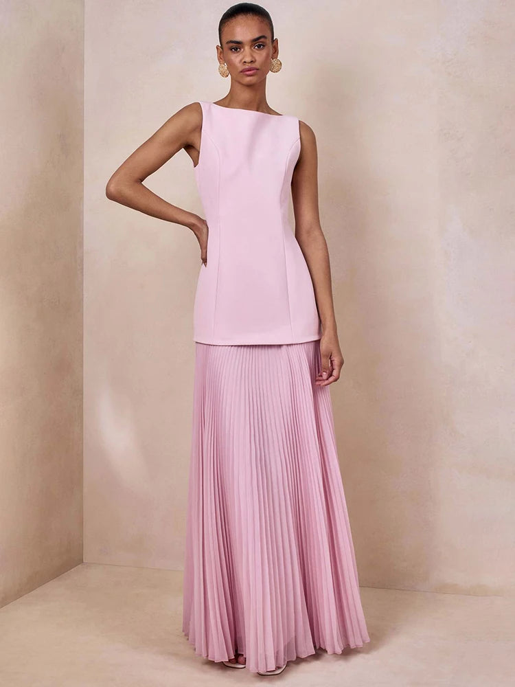 Vestido de Festa Longo Duas Peças Justo Plissado Decote Canoa