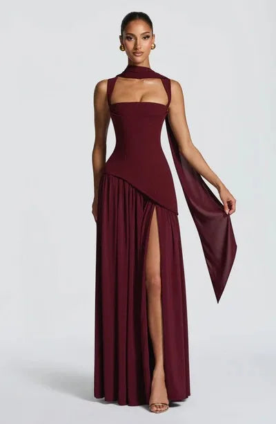 Vestido Longo de Festa com Corset Estruturado, Fenda e Alças em Laço