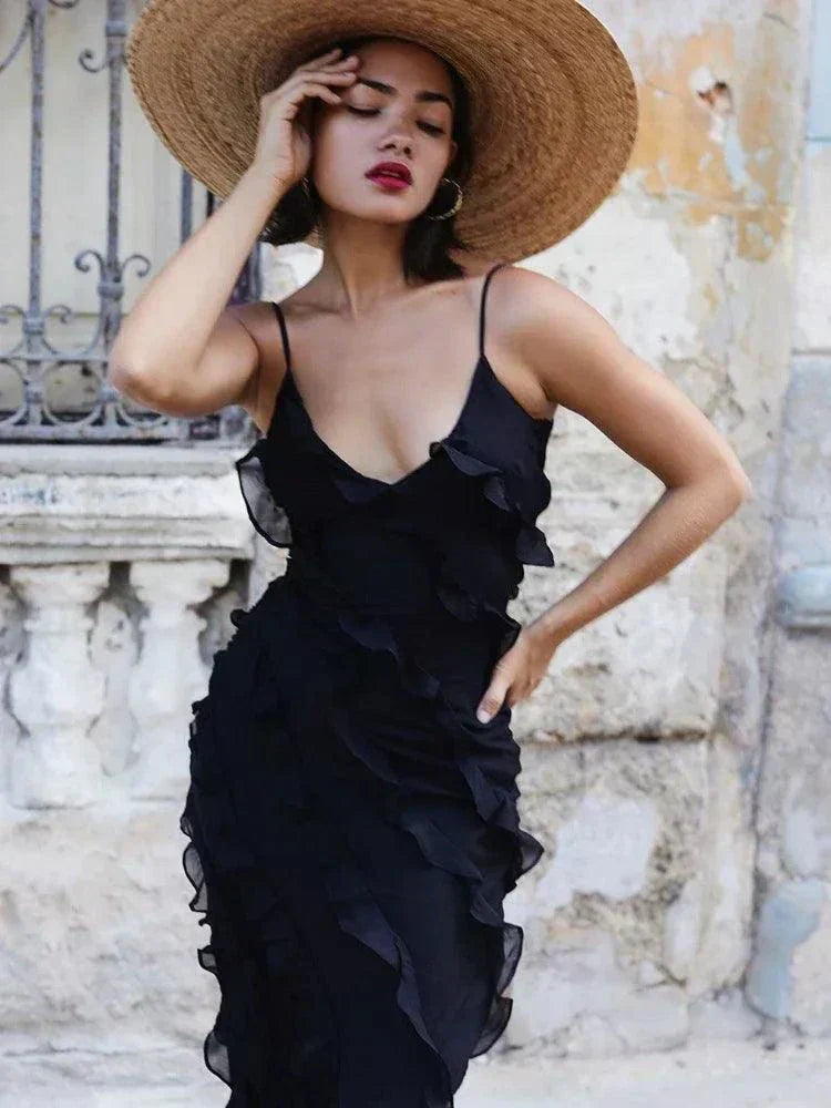 Vestido longo de alça em chiffon com babados, estilo summer fashion elegante e leve para o verão