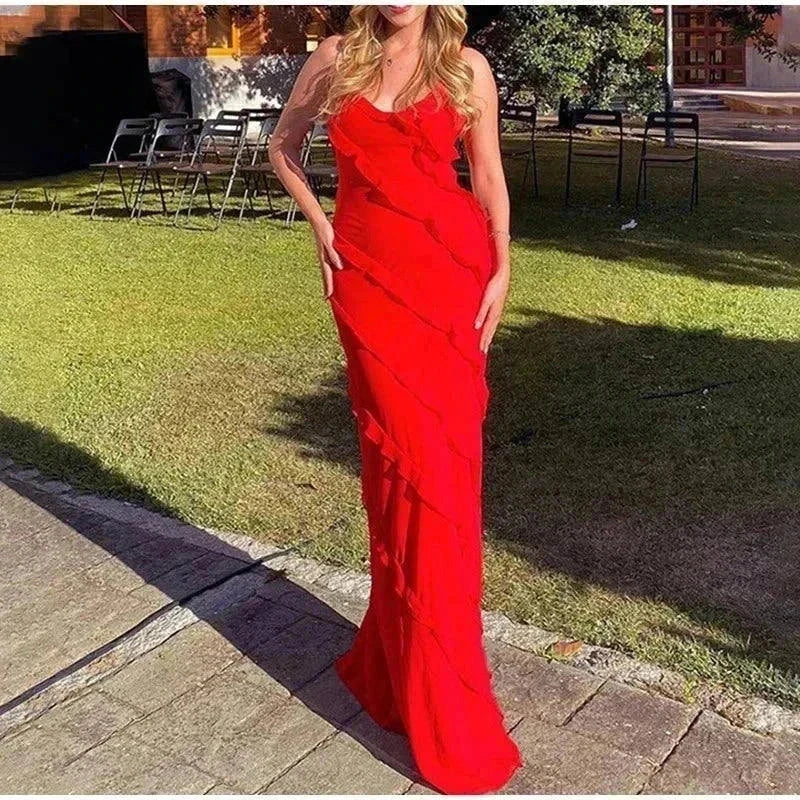 Vestido longo de alça em chiffon com babados, estilo summer fashion para verão elegante e sexy