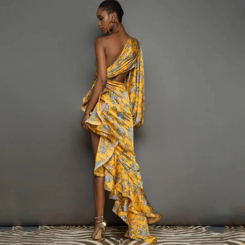 Vestido Longo Estampado de Um Ombro Só com Babados Elegante