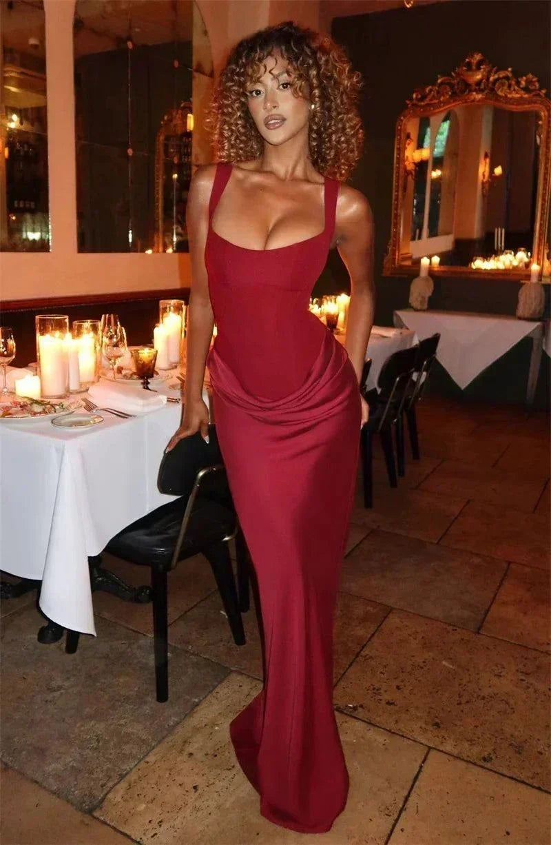 Vestido maxi elegante, costas descobertas, colar quadrado, sem mangas, ajustado e franzido para festas e clubes