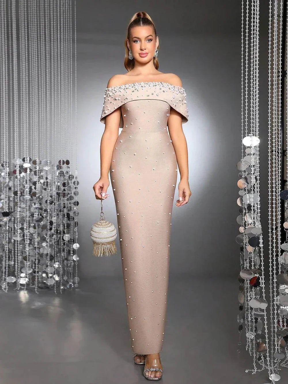 Vestido bodycon feminino sexy ombros descobertos com pérolas para festa noturna