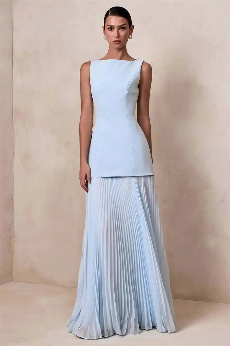 Vestido de Festa Longo Duas Peças Justo Plissado Decote Canoa