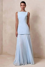 Vestido de Festa Longo Duas Peças Justo Plissado Decote Canoa Niquice