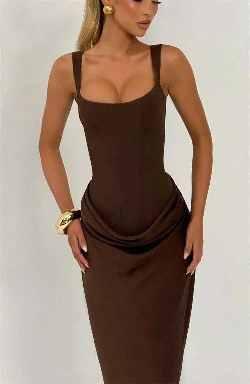 Vestido maxi elegante sem costas para festa com decote quadrado e ajustado