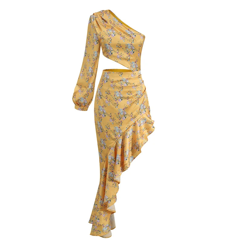 Vestido Longo Estampado de Um Ombro Só com Babados Elegante