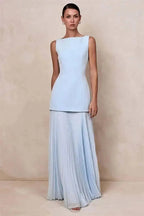 Vestido de Festa Longo Duas Peças Justo Plissado Decote Canoa Niquice