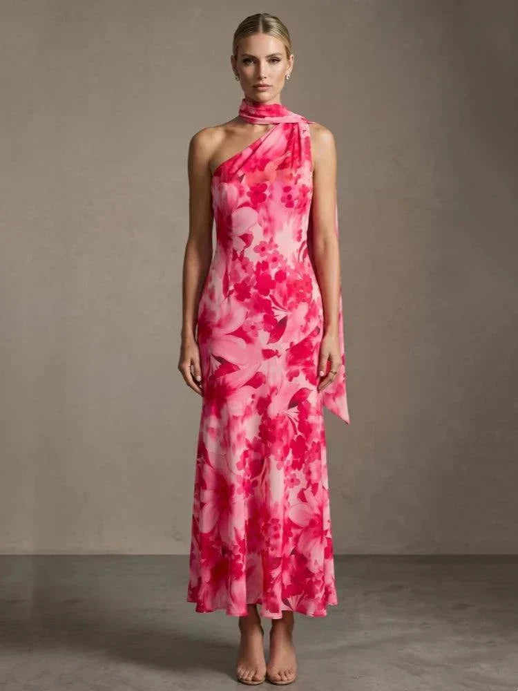 Vestido longo floral rosa com decote assimétrico e echarpe para eventos elegantes
