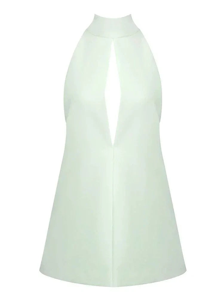 vestido mini solto em linha a com gola alta bolsos e abertura nas costas