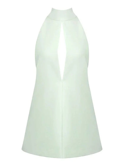 vestido mini solto em linha a com gola alta bolsos e abertura nas costas