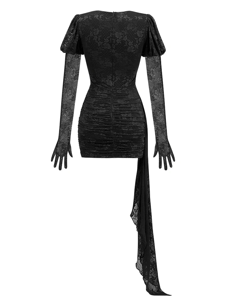 Vestido Curto Justo em Renda Vermelho e Branco com Luvas