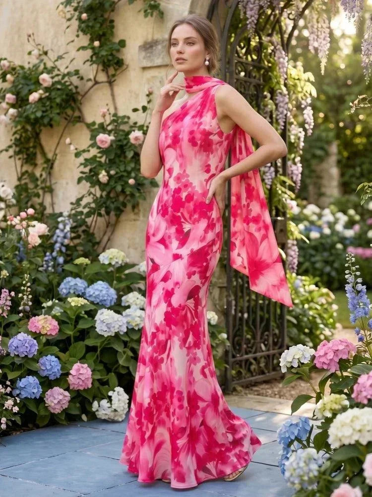 Vestido longo floral rosa com gola assimétrica e echarpe elegante para eventos especiais