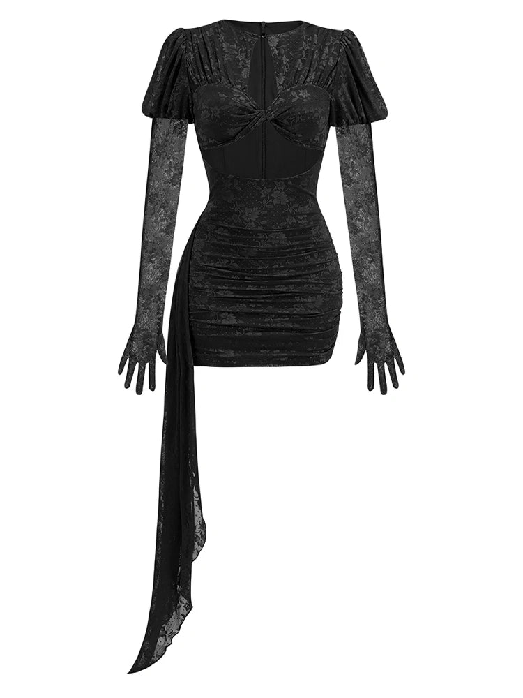 Vestido Curto Justo em Renda Vermelho e Branco com Luvas
