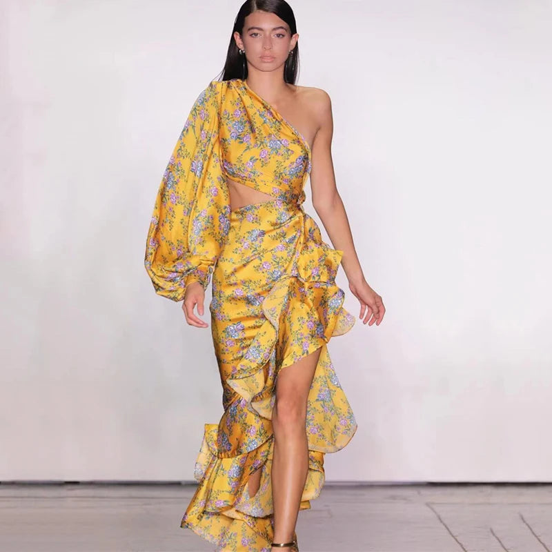 Vestido Longo Estampado de Um Ombro Só com Babados Elegante