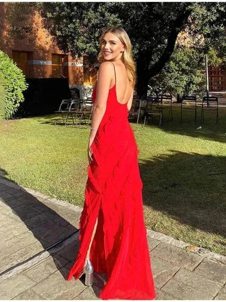 Vestido longo de alça em chiffon com babados, estilo summer fashion elegante e fresco para o verão