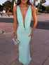 Vestido maxi senhora com lantejoulas, decote em V profundo, costas nuas, estilo sereia para festa formal