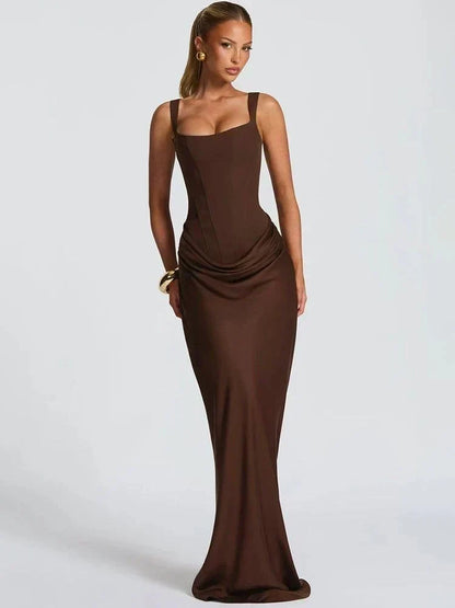 Vestido maxi elegante feminino, sem costas, decote quadrado, justo e sem mangas para festas