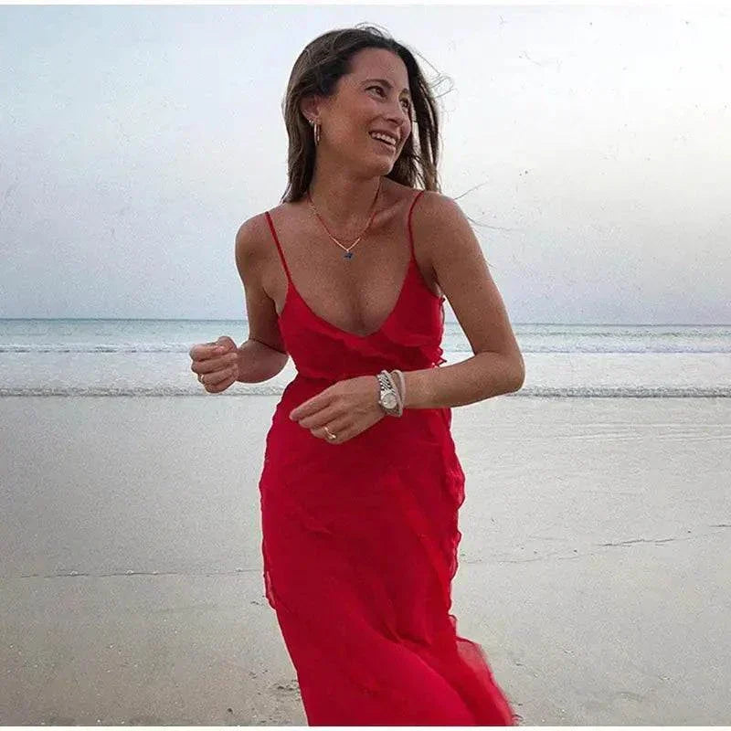 Vestido longo de alça em chiffon leve com babados para moda verão elegante e sexy