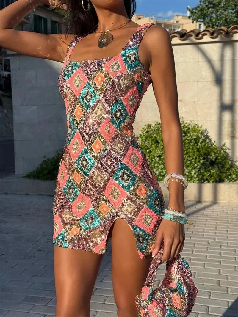 Vestido Curto de Lantejoulas Multicolorido com Costas Abertas Niquice