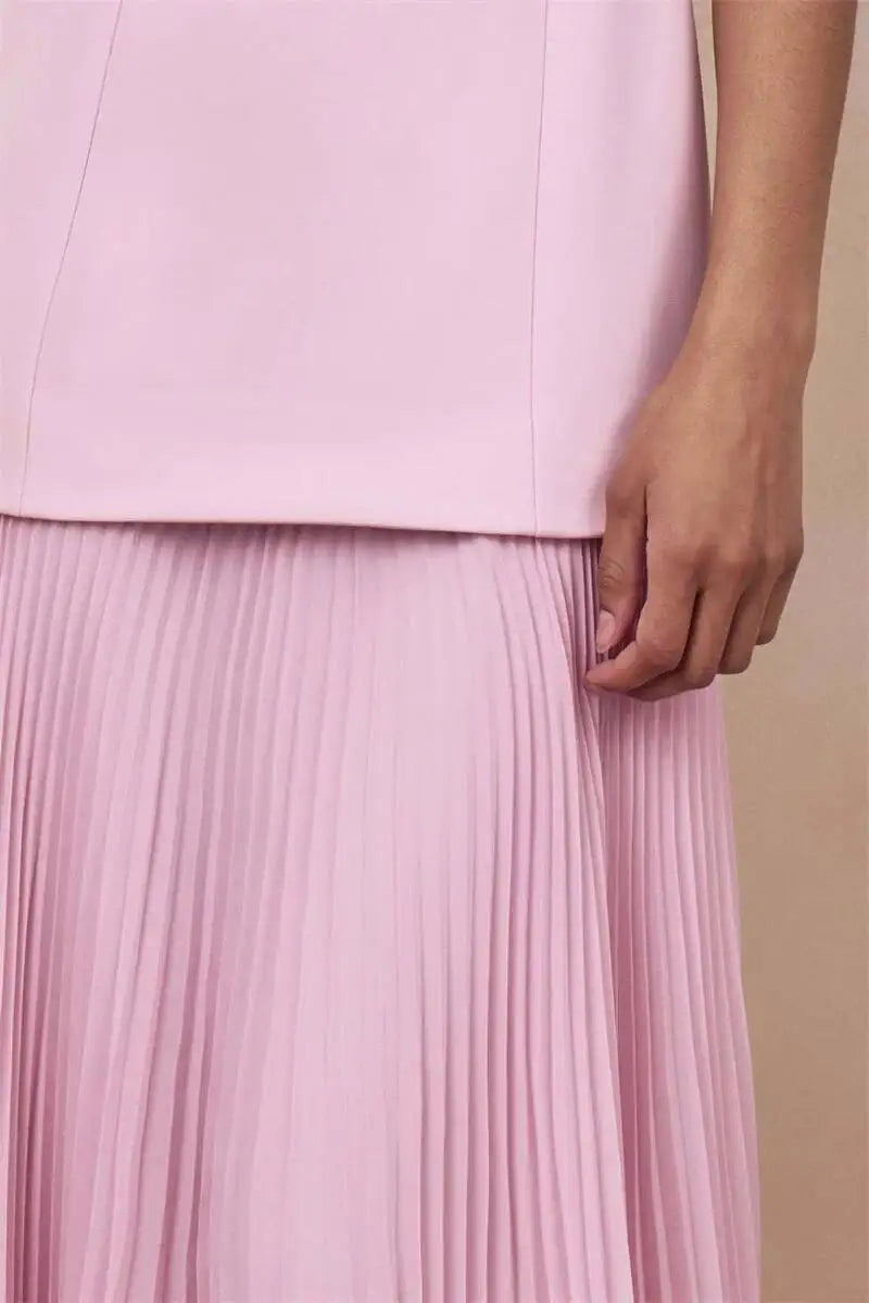 Vestido de Festa Longo Duas Peças Justo Plissado Decote Canoa