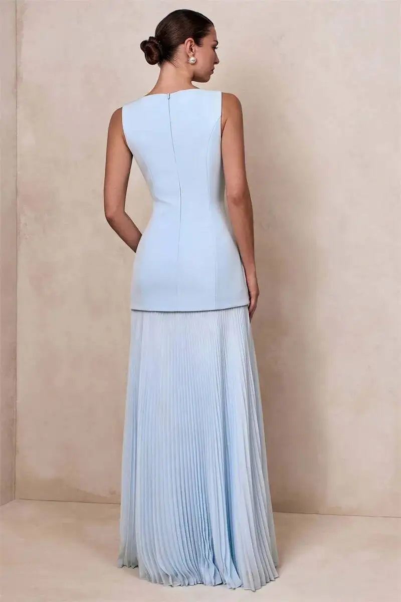 Vestido de Festa Longo Duas Peças Justo Plissado Decote Canoa