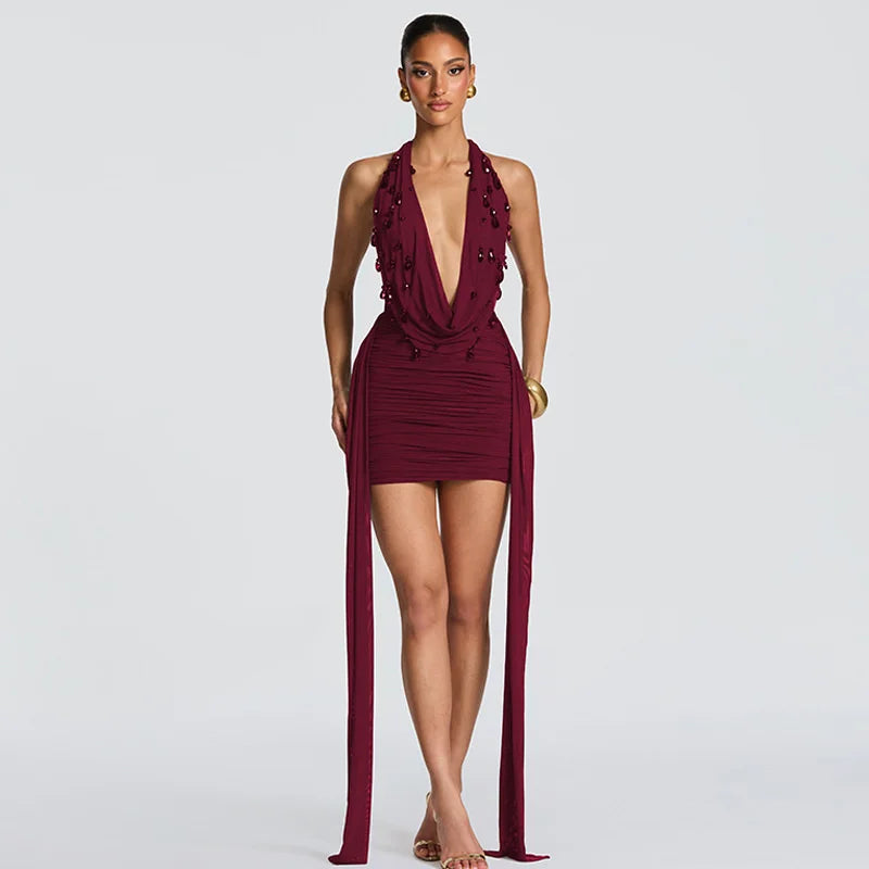 Vestido mini sexy com decote Halter Deep V, costas ao ar e cristais teardrop para festas