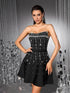 Vestido tomara que caia mini evasê preto com pedraria e strass para festa e balada