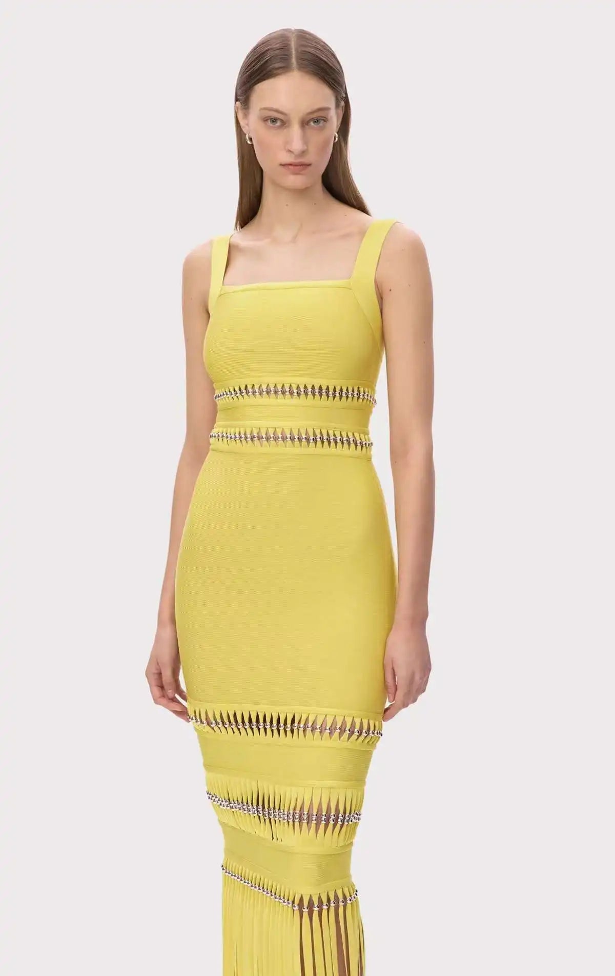 Vestido Bandagem Justo Sem Mangas com Franjas Elegante
