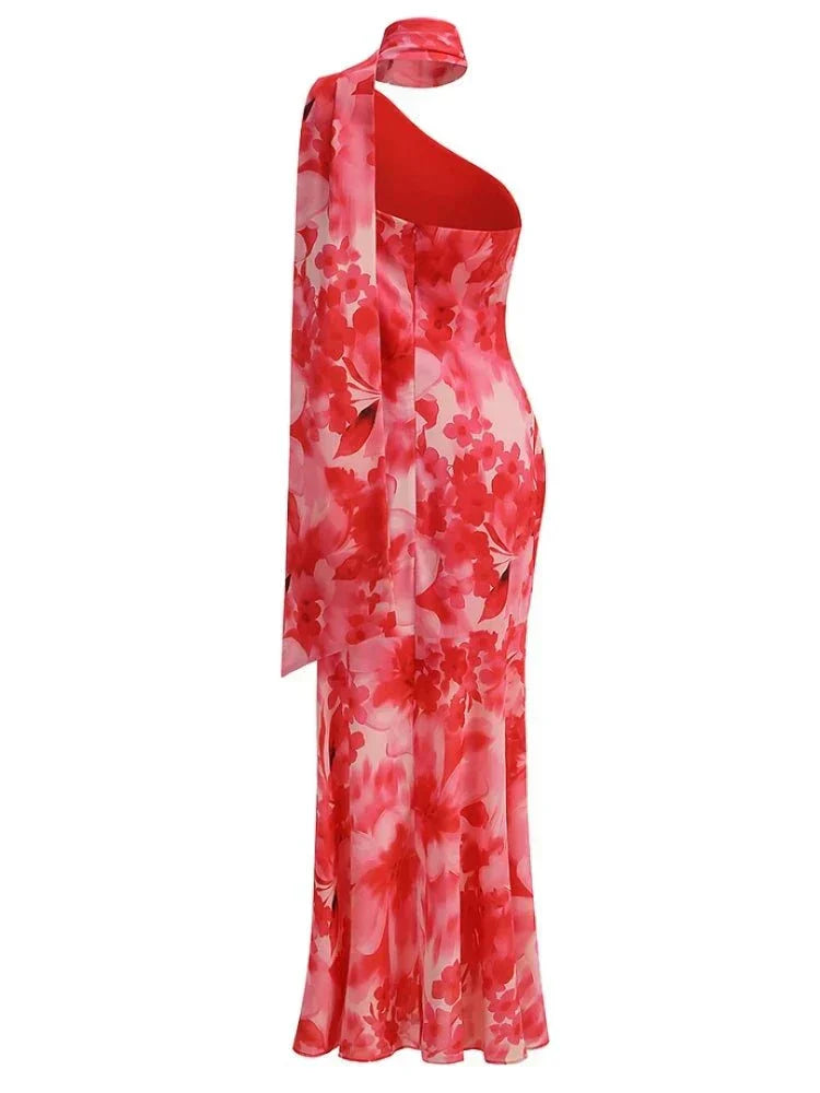 Vestido longo floral rosa com decote assimétrico e echarpe elegante para eventos especiais