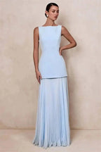 Vestido de Festa Longo Duas Peças Justo Plissado Decote Canoa Niquice
