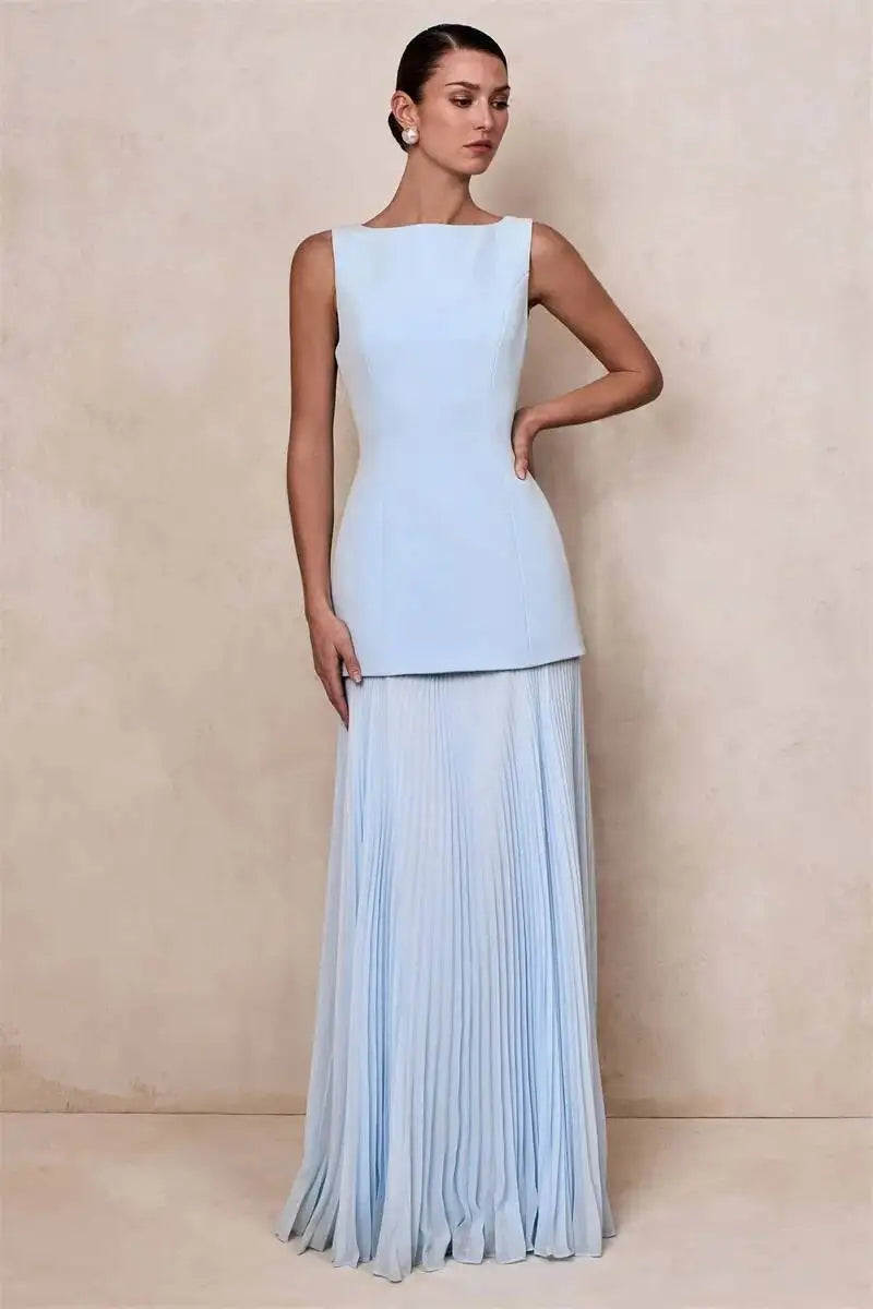 Vestido de Festa Longo Duas Peças Justo Plissado Decote Canoa