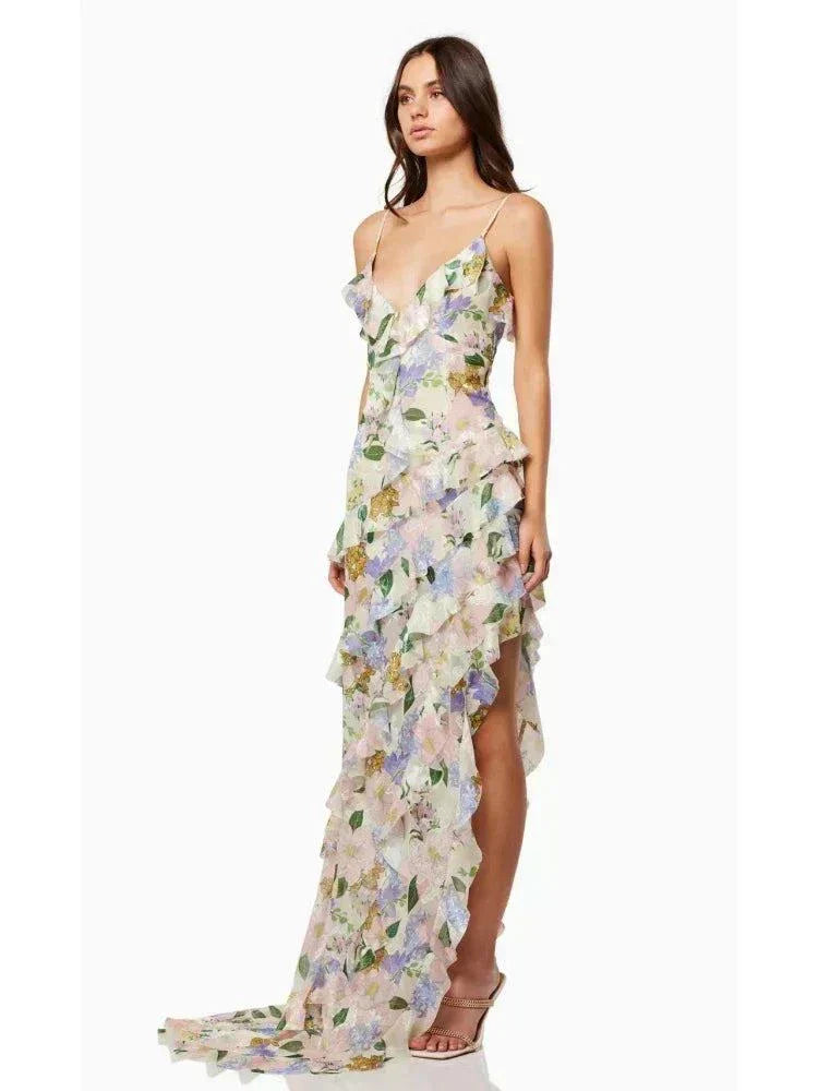 Vestido de praia longo floral com alças finas e decote em V, estilo sexy e ajustado para festa na praia.