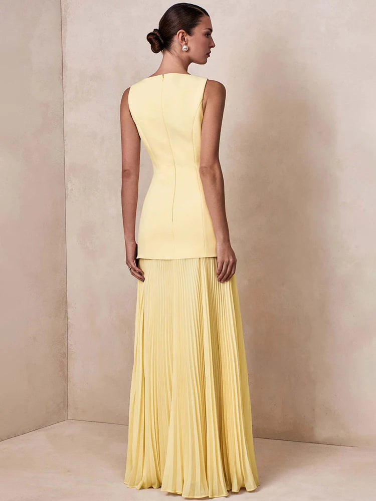 Vestido de Festa Longo Duas Peças Justo Plissado Decote Canoa
