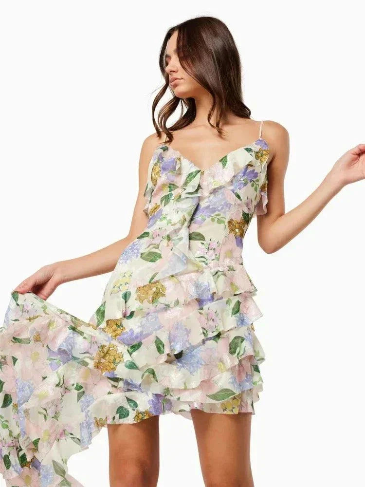 Vestido de praia longo com alças finas, impressão floral, decote em V e folhos para festa na praia
