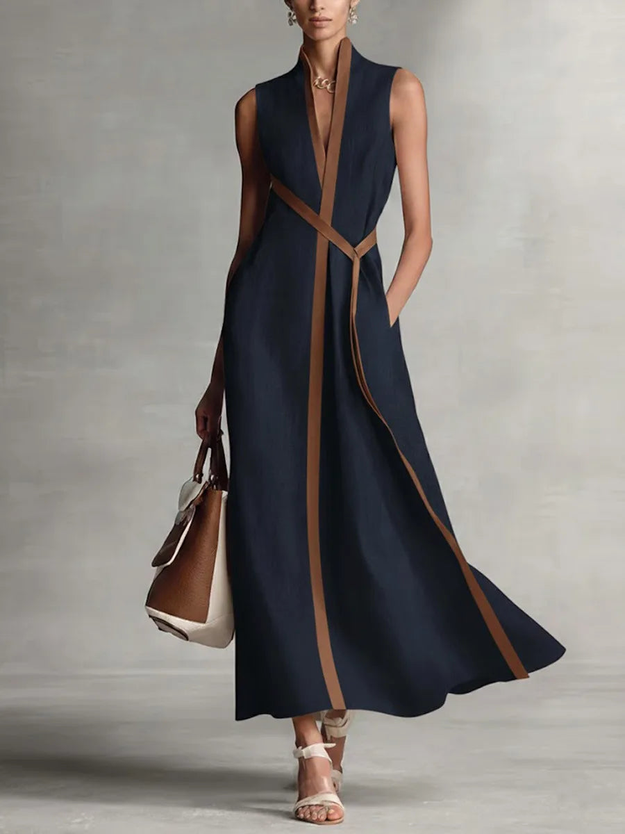Vestido Longo em Algodão e Linho Sem Manga com Decote V e Amarração