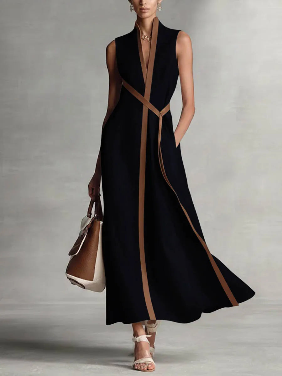 Vestido Longo em Algodão e Linho Sem Manga com Decote V e Amarração