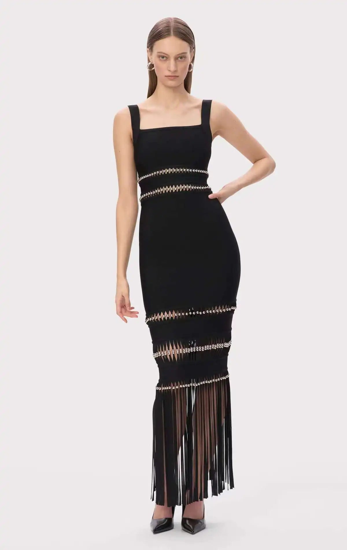 Vestido Bandagem Justo Sem Mangas com Franjas Elegante
