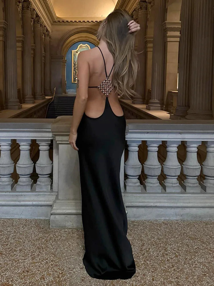 Vestido Longo Sexy Halter Backless com Fivela de Diamantes – Preto