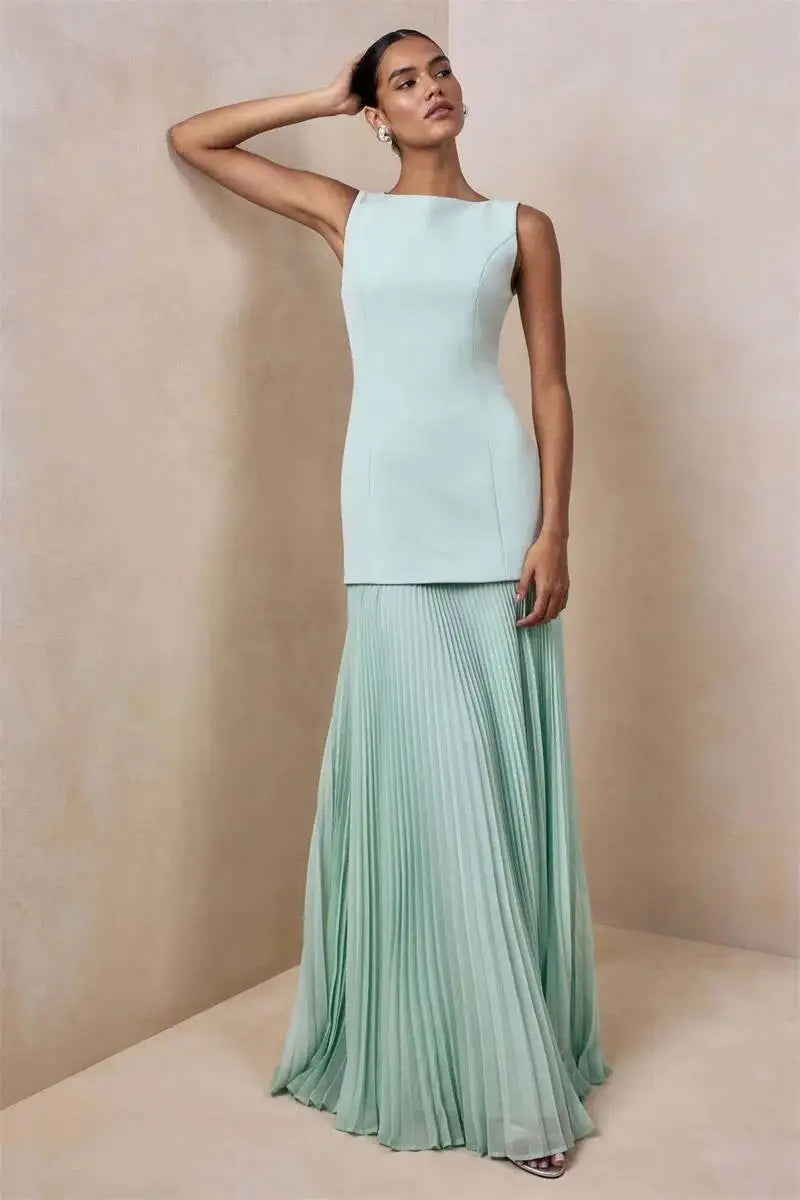 Vestido de Festa Longo Duas Peças Justo Plissado Decote Canoa